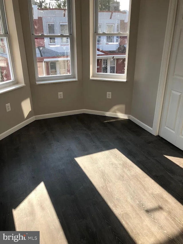 unfurnished dining area featuring baseboards and wood finished floors