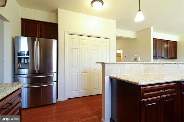 311 Treetops Dr, State College, PA 16801 - kitchen with stainless steel fridge with ice dispenser, light stone countertops, pendant lighting, and dark wood-type flooring