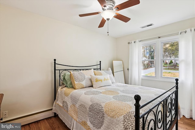 993 Hillendale Dr, Annapolis, MD 21409 - bedroom featuring a ceiling fan, visible vents, baseboard heating, and wood finished floors