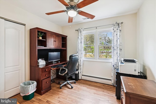 993 Hillendale Dr, Annapolis, MD 21409 - office featuring ceiling fan, visible vents, light wood-type flooring, and a baseboard radiator