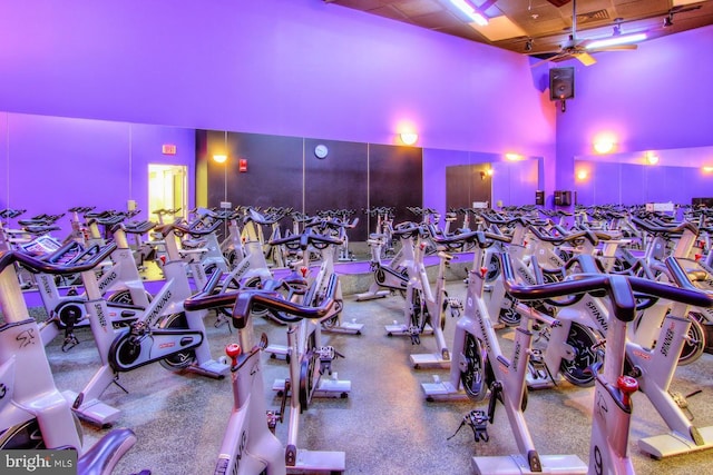 exercise room with a towering ceiling and a ceiling fan