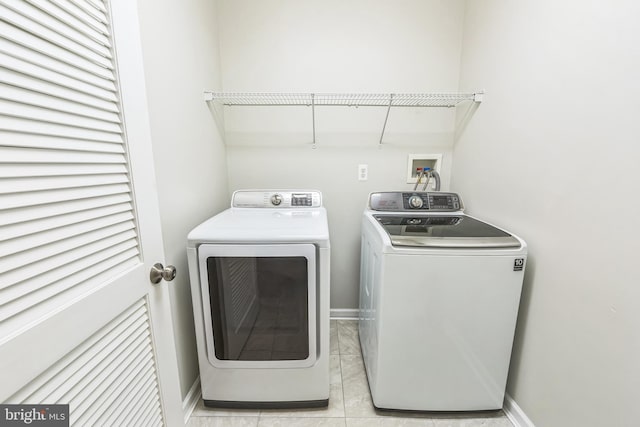 laundry room featuring baseboards, laundry area, and washer and dryer