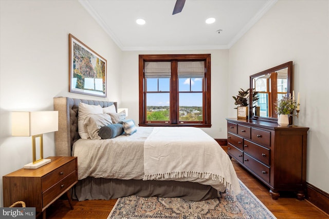 2853 Ontario Rd NW Unit 609, Washington, DC 20009 - bedroom with dark wood finished floors, multiple windows, crown molding, recessed lighting, and ceiling fan