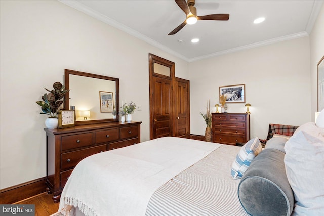 2853 Ontario Rd NW Unit 609, Washington, DC 20009 - bedroom featuring wood finished floors, baseboards, ornamental molding, recessed lighting, and a ceiling fan
