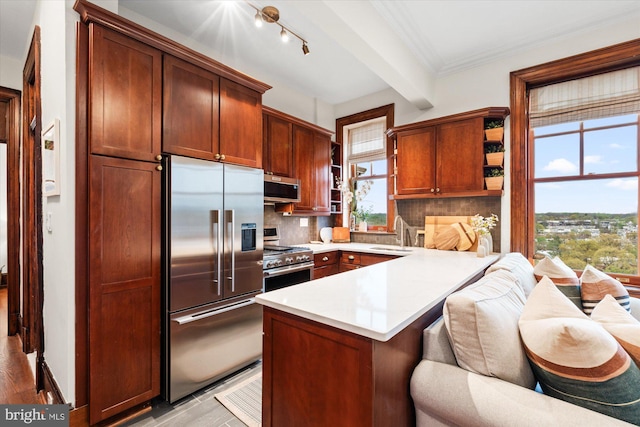 2853 Ontario Rd NW Unit 609, Washington, DC 20009 - kitchen with premium appliances, open shelves, a sink, a peninsula, and backsplash