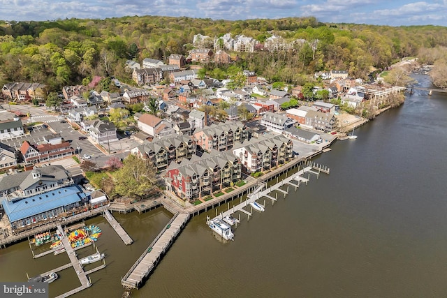 birds eye view of property featuring a forest view and a water view