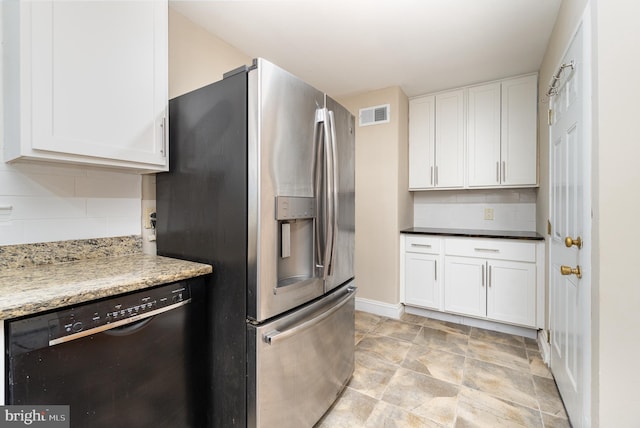 kitchen featuring stainless steel fridge with ice dispenser, white cabinets, visible vents, and dishwasher