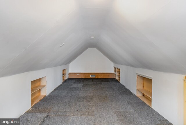 additional living space with built in features, carpet floors, and lofted ceiling