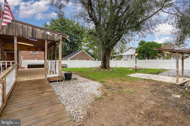 view of yard featuring a fenced backyard and a wooden deck
