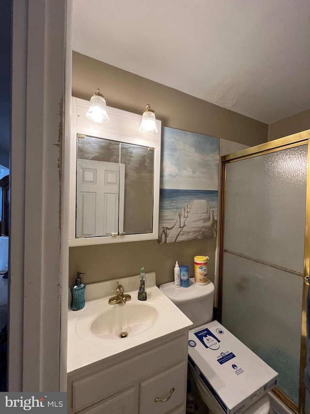 bathroom with vanity and a stall shower