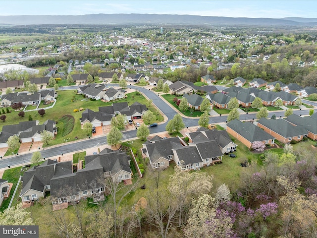 aerial view featuring a mountain view and a residential view