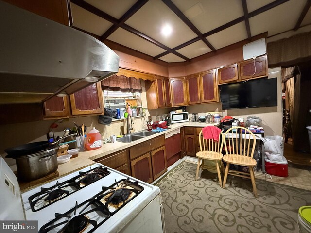 kitchen with a sink, white appliances, brown cabinetry, light countertops, and under cabinet range hood