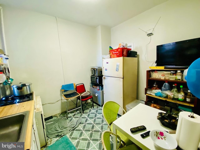 kitchen with freestanding refrigerator and a sink