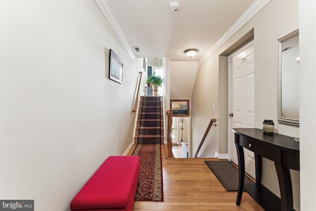 3814 Woodlawn Ct, Alexandria, VA 22304 - hallway featuring crown molding, baseboards, wood finished floors, and visible vents