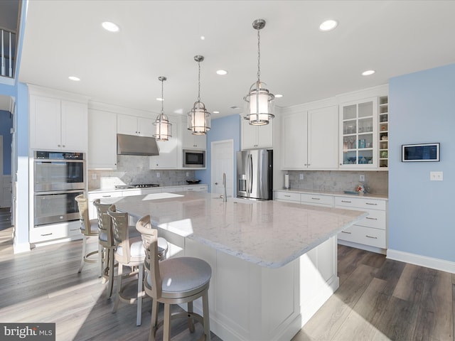 kitchen with under cabinet range hood, wood finished floors, a spacious island, and appliances with stainless steel finishes