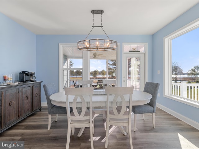 dining area with an inviting chandelier, plenty of natural light, and wood finished floors