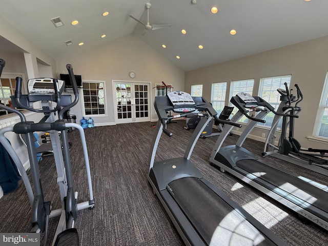 exercise room featuring visible vents, high vaulted ceiling, french doors, a ceiling fan, and carpet
