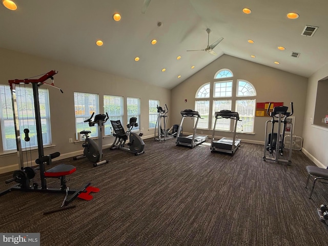 workout area featuring ceiling fan, visible vents, baseboards, and dark colored carpet