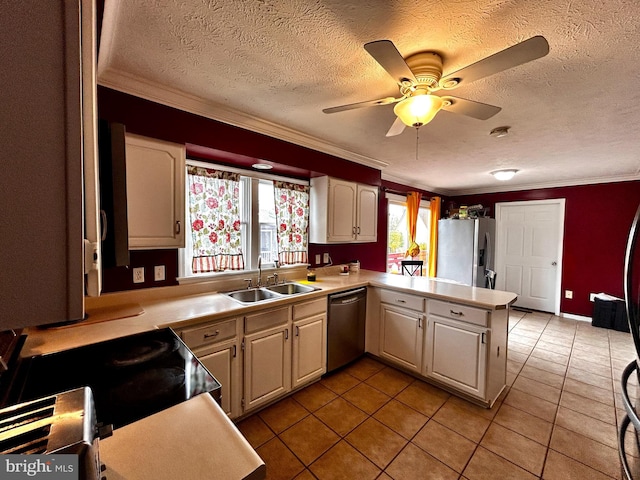 kitchen featuring stainless steel refrigerator with ice dispenser, dishwasher, and crown molding