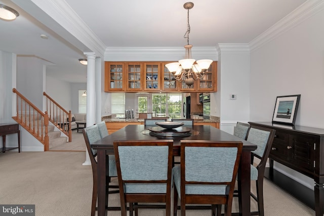 2804 Persimmon Pl Unit D3, Cambridge, MD 21613 - dining space with a chandelier, stairs, light carpet, and crown molding