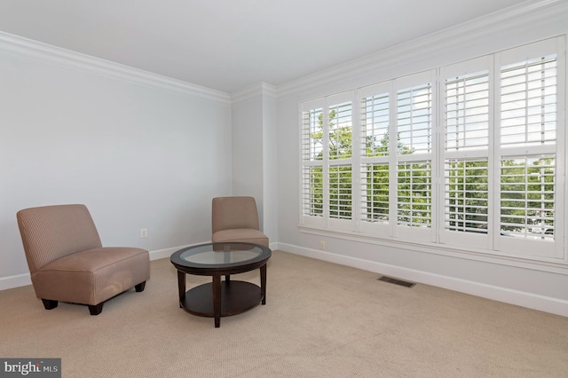 2804 Persimmon Pl Unit D3, Cambridge, MD 21613 - living area featuring ornamental molding, visible vents, baseboards, and carpet floors