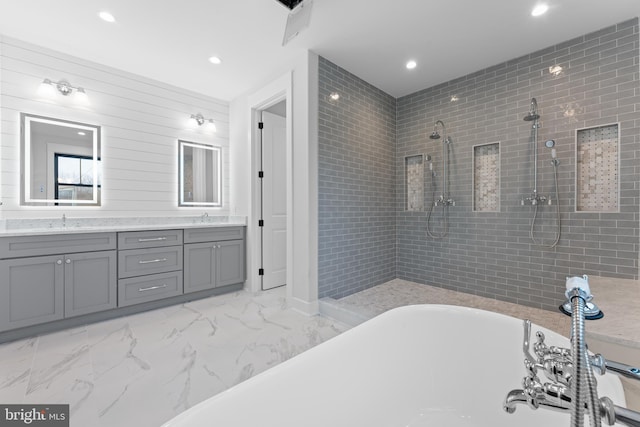 LOT3 Dowlin Forge Rd, Downingtown, PA 19335 - bathroom featuring a tile shower, recessed lighting, a freestanding tub, double vanity, and marble finish floors