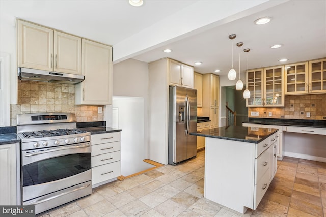 19916 Westerly Ave, Poolesville, MD 20837 - kitchen featuring stainless steel appliances, under cabinet range hood, decorative backsplash, cream cabinets, and recessed lighting