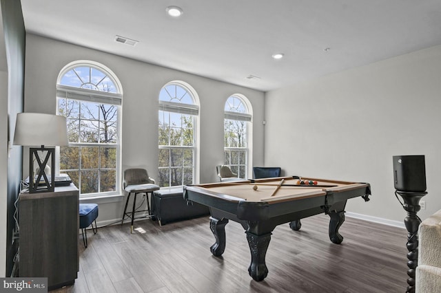 game room with pool table, baseboards, wood finished floors, and visible vents