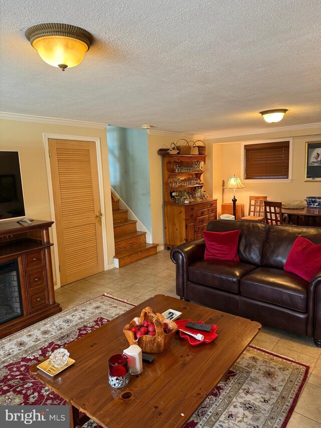 2703 Branch Pike, Cinnaminson, NJ 08077 - living room featuring stairs, a textured ceiling, ornamental molding, and tile patterned flooring