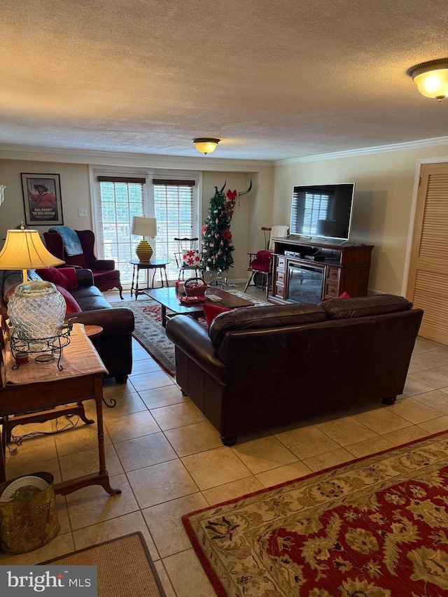2703 Branch Pike, Cinnaminson, NJ 08077 - living room with a textured ceiling, ornamental molding, and light tile patterned flooring
