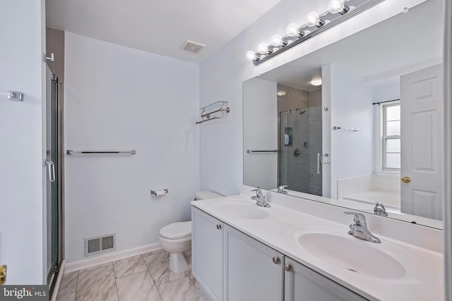 bathroom with a shower stall, visible vents, a sink, and a bath