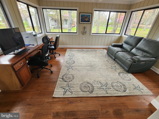 home office with wooden walls, baseboards, and dark wood finished floors