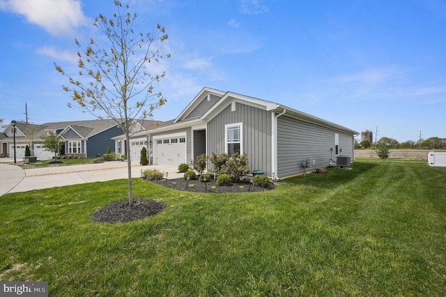 view of front facade with central AC, concrete driveway, a front lawn, board and batten siding, and a garage