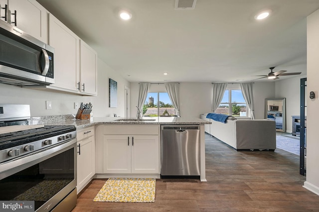kitchen featuring a ceiling fan, a sink, stainless steel appliances, white cabinets, and a peninsula
