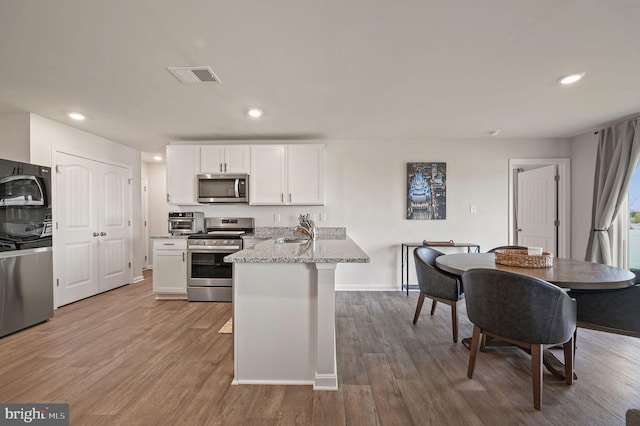 kitchen featuring stainless steel appliances, visible vents, a sink, a peninsula, and white cabinetry