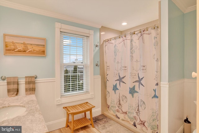 1205 Bridge St, New Cumberland, PA 17070 - full bathroom featuring a wainscoted wall, wood finished floors, and a shower with curtain