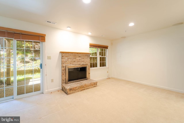 6038 Kelsey Ct, Falls Church, VA 22044 - unfurnished living room featuring visible vents, recessed lighting, carpet floors, a brick fireplace, and baseboards