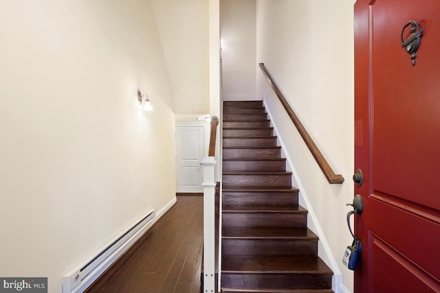 5919-2 Logans Way Unit 2, Ellicott City, MD 21043 - stairway with baseboard heating, wood finished floors, and baseboards