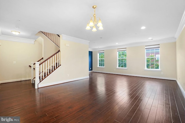 5919-2 Logans Way Unit 2, Ellicott City, MD 21043 - unfurnished living room featuring crown molding, stairway, a chandelier, baseboards, and wood finished floors