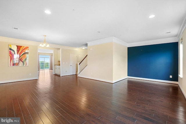 5919-2 Logans Way Unit 2, Ellicott City, MD 21043 - unfurnished living room featuring stairway, crown molding, a chandelier, baseboards, and dark wood-style floors