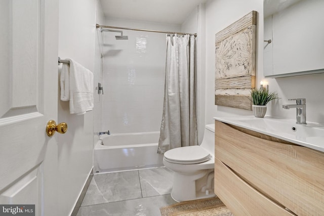 bathroom featuring vanity, shower / tub combo, and toilet