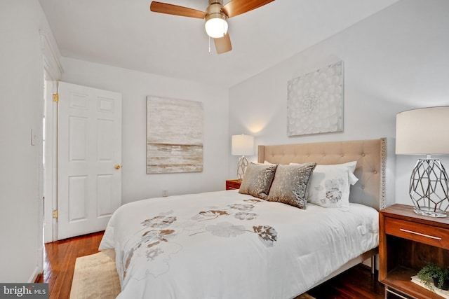 bedroom featuring ceiling fan and wood finished floors