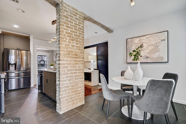 dining area with recessed lighting, baseboards, visible vents, and dark wood-type flooring