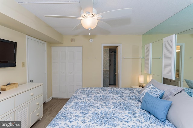 11500 Coastal Hwy Unit 317, Ocean City, MD 21842 - bedroom with ceiling fan, a closet, ensuite bathroom, and wood finished floors