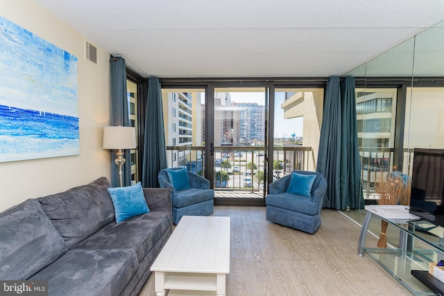 11500 Coastal Hwy Unit 317, Ocean City, MD 21842 - living room with expansive windows, visible vents, and wood finished floors