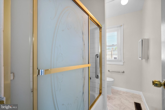 560 25th Pl NE, Washington, DC 20002 - full bath featuring visible vents, baseboards, toilet, shower / bath combination with glass door, and marble finish floor