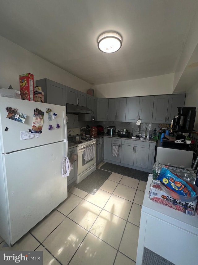 6700 Marsden St, Philadelphia, PA 19135 - kitchen featuring under cabinet range hood, light tile patterned floors, gray cabinetry, and white appliances