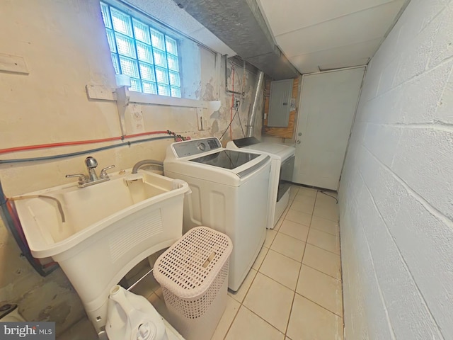 2710 N 47th St, Philadelphia, PA 19131 - washroom featuring electric panel, concrete block wall, light tile patterned flooring, and washing machine and clothes dryer