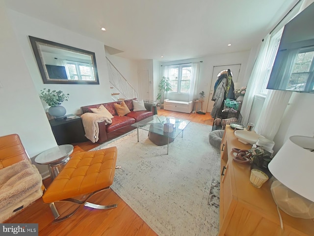 2710 N 47th St, Philadelphia, PA 19131 - living area with stairway, wood finished floors, and recessed lighting