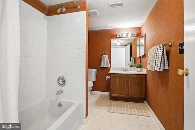 bathroom featuring visible vents, toilet, tile patterned flooring, and shower / bathtub combination with curtain
